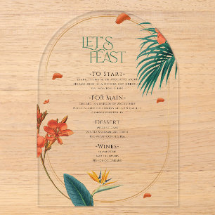 Fancy Tropical Flowers Wedding Menu Acrylic Invitations