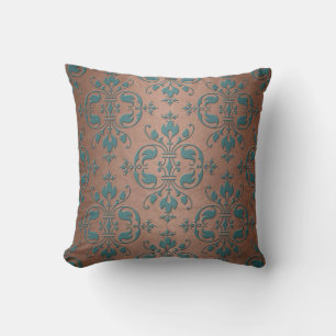 Fancy Turquoise over Brownish Copper Damask Throw Pillow
