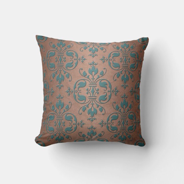 Fancy Turquoise over Brownish Copper Damask Throw Pillow (Front)