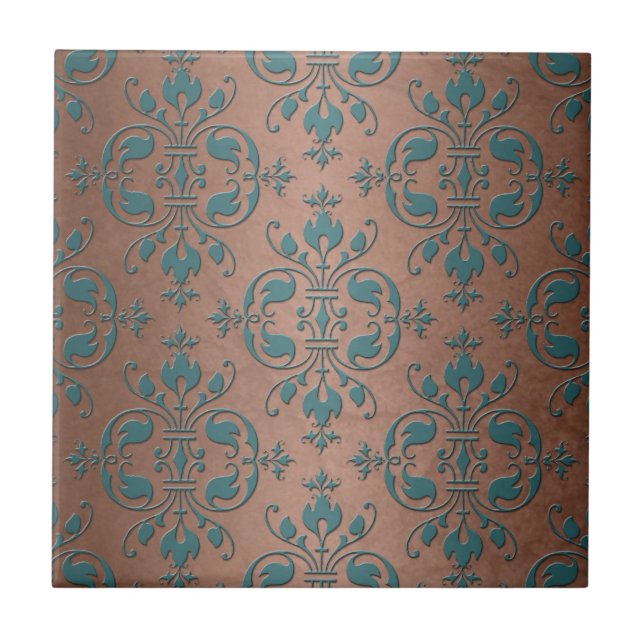 Fancy Turquoise over Brownish Copper Damask Tile (Front)