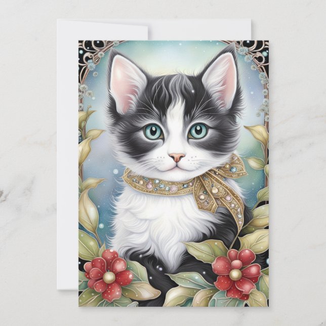 Fancy Tuxedo Cat Winter Flora Frame Holiday Card (Front)
