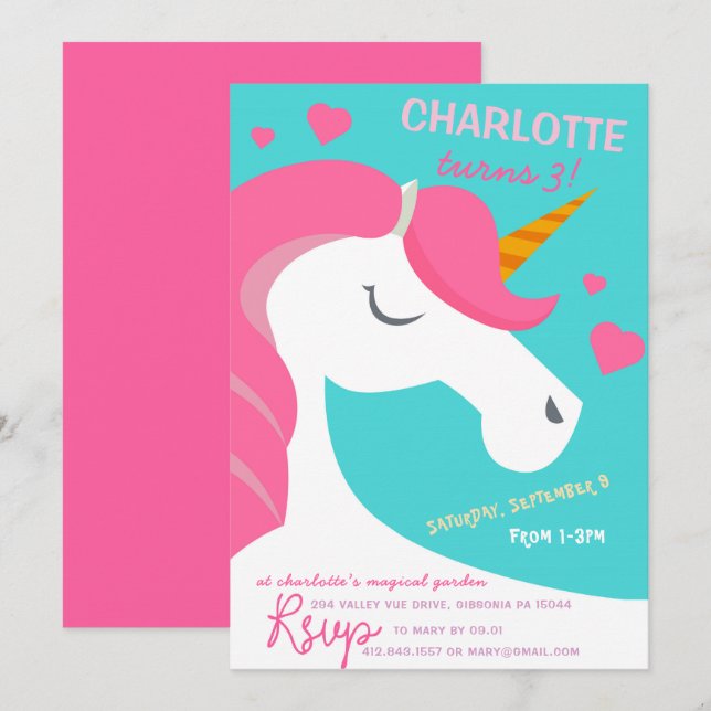 Fancy Unicorn Anniversaire Invitation (Devant / Derrière)