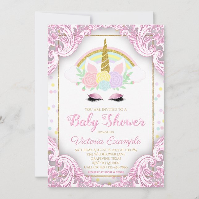 Fancy Unicorn Baby Girl Shower Invitations (Devant)