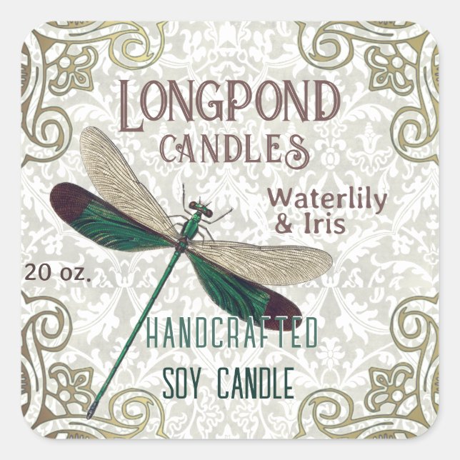 Fancy Vintage Dragonfly Handcrafted Soy Candle   Square Sticker (Front)