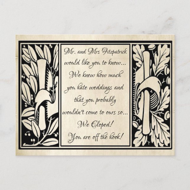 Fancy Vintage Parchment Funny We Eloped Announcement Postcard (Front)