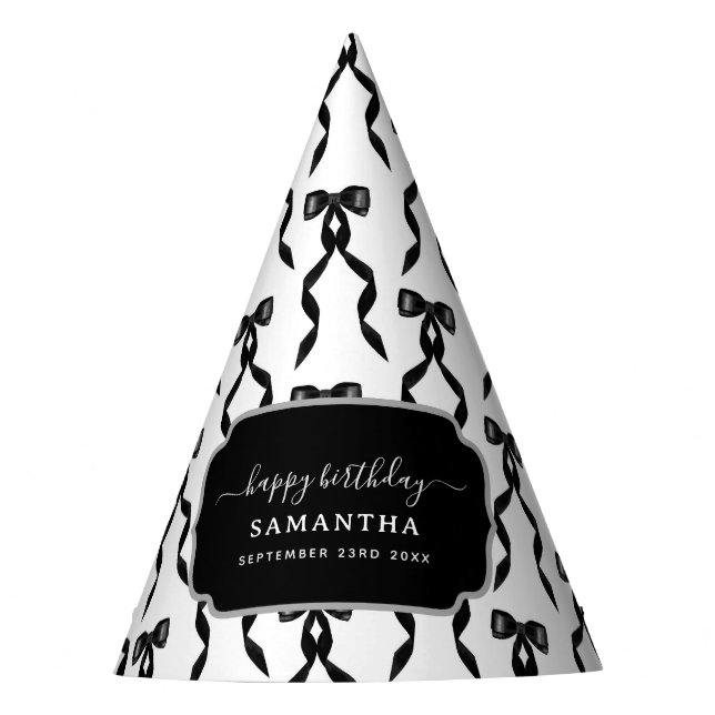 Fancy Watercolor Black Bow Birthday Party Hat (Front)