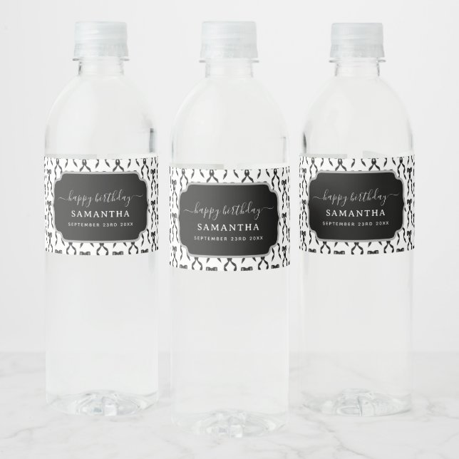 Fancy Watercolor Black Bow Birthday Water Bottle Label (Bottles)