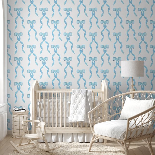 Fancy Watercolor Blue Bow Pattern Baby Boy Wallpaper (Kids)