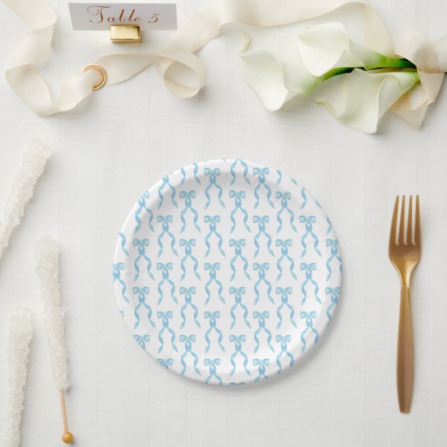 Fancy Watercolor Blue Bow Pattern Paper Plate (Wedding)