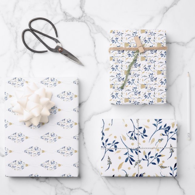 Fancy Watercolor Ornament Trio Wrapping Paper Sheet (Front)