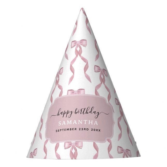 Fancy Watercolor Pink Bow Birthday Party Hat (Front)