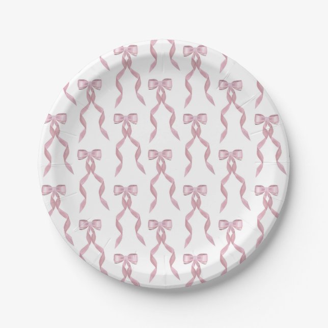 Fancy Watercolor Pink Bow Pattern Paper Plate (Front)
