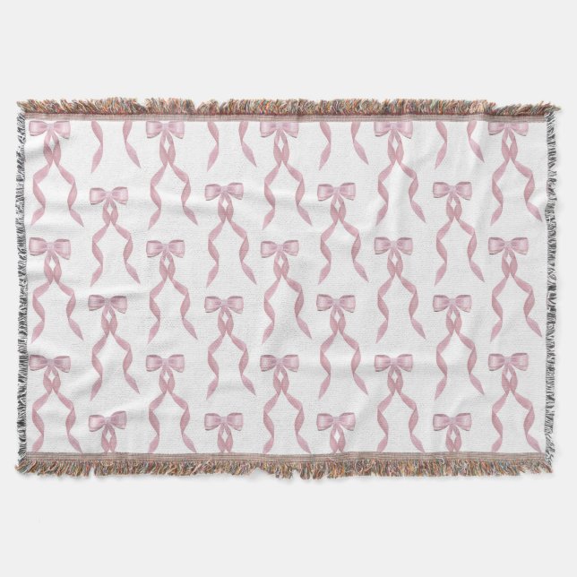 Fancy Watercolor Pink Bow Pattern Throw Blanket (Front)