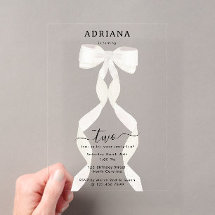 Fancy Watercolor White Bow Formal Birthday Acrylic Invitations