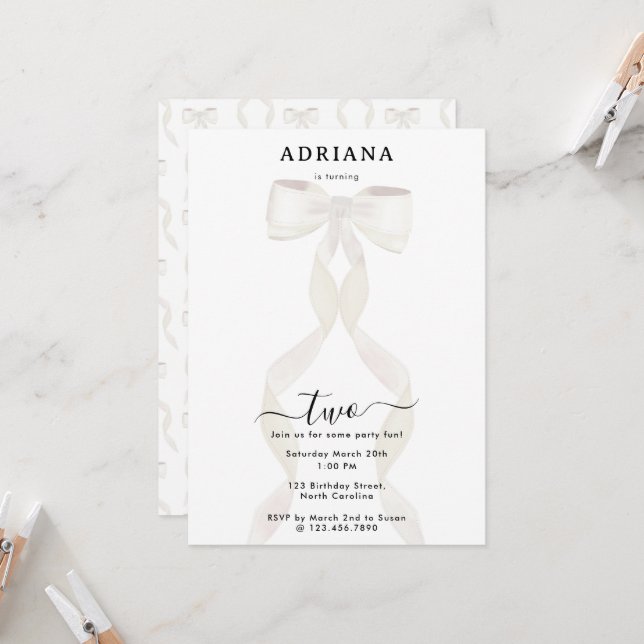 Fancy Watercolor White Bow Formal Birthday Invitation (Front/Back In Situ)