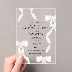 Fancy Watercolor White Bow Formal Bridal Shower Acrylic Invitations