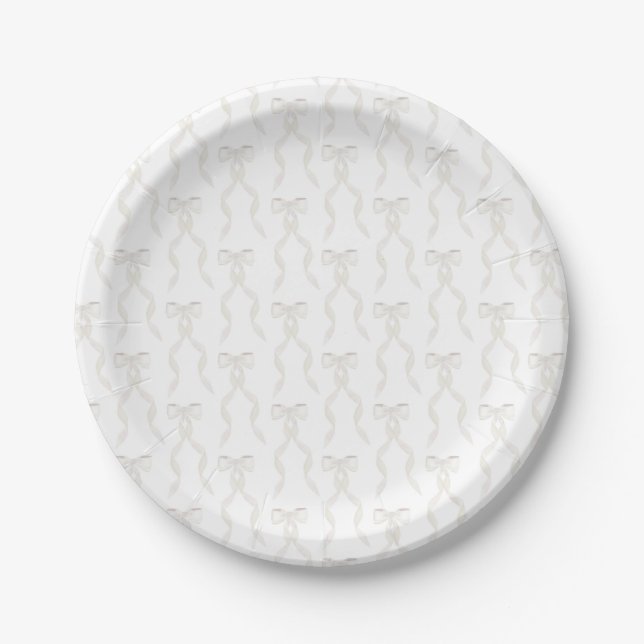 Fancy Watercolor White Bow Pattern Paper Plate (Front)