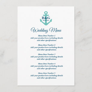 Fancy wedding menu with nautical boat anchor logo
