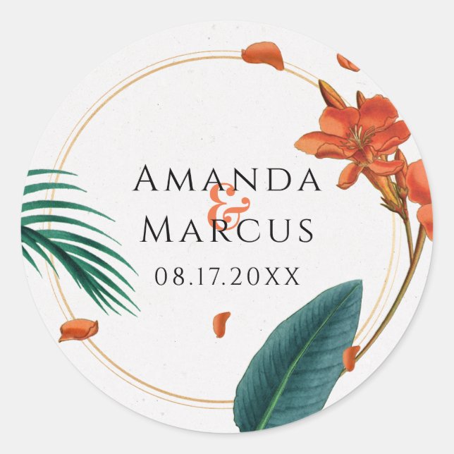 Fancy Wedding Tropical Flowers Classic Round Sticker (Front)