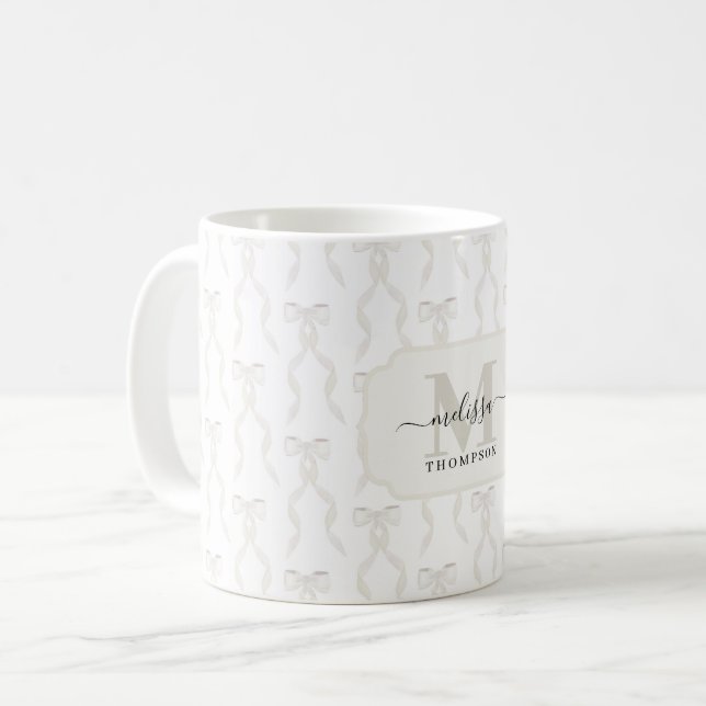 Fancy White Bow Monogrammed Coffee Mug (Front Left)