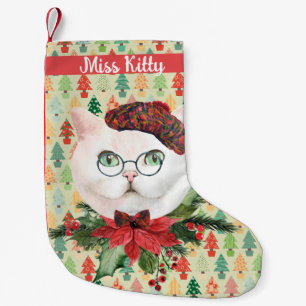 Fancy White Cat & Poinsettia Custom Small Christmas Stocking