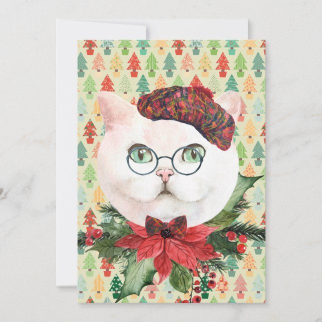 Fancy White Cat & Poinsettia Holiday Card (Front)
