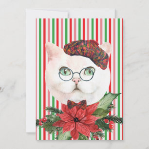Fancy White Cat & Poinsettia Holiday Card