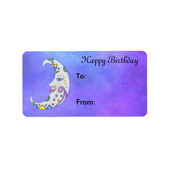 Fancy White Crescent Moon Pretty Face Purple sky Label (Front)