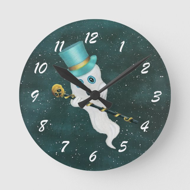 Fancy White Ghost Blue Top Hat Night Sky Cane Round Clock (Front)