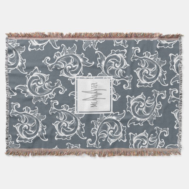 Fancy White Scrolled Leaves - Personalized Throw Blanket (Front)