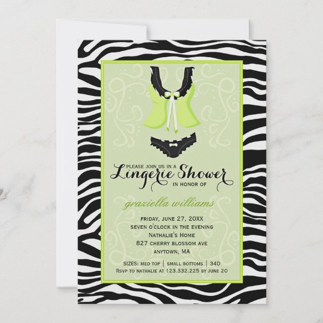 Fancy Wild Lime Zebra Lingerie Shower Bachelorette Invitation (Front)