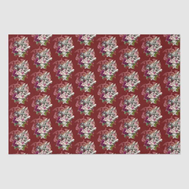 Fancy Wonderland White Rabbit On Red  Tissue Paper (Front)