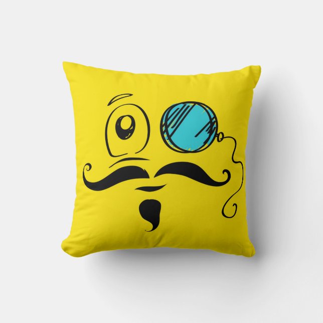 Fancy Yellow Face with Monocle and Moustache Throw Pillow (Front)