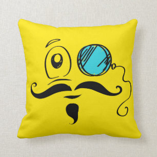 Fancy Yellow Face with Monocle and Moustache Throw Pillow