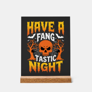 Fang-Tastic Night Halloween Skull and Bats Acrylic Sign