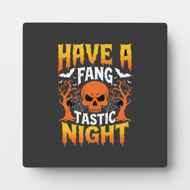 Fang-Tastic Night Halloween Skull and Bats Plaque (Front)