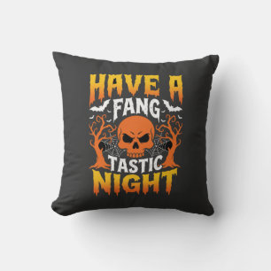 Fang-Tastic Night Halloween Skull and Bats Throw Pillow