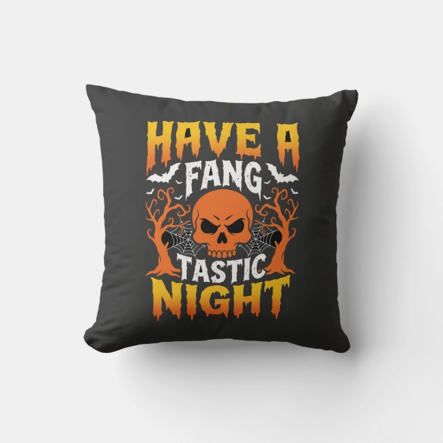 Fang-Tastic Night Halloween Skull and Bats Throw Pillow (Front)