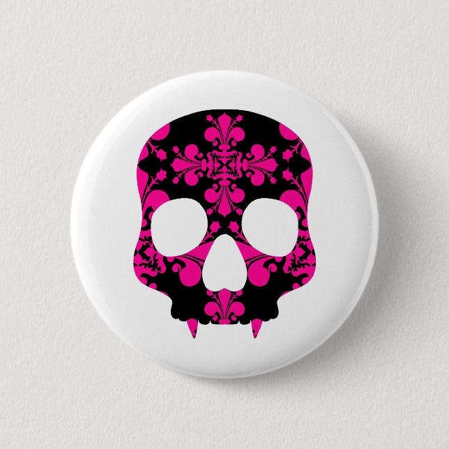 Fanged girly skull 2 inch round button (Front)