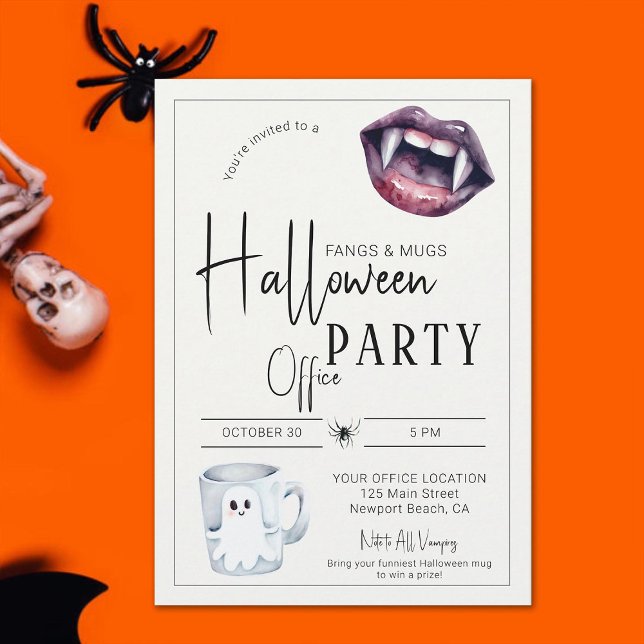 Fangs and Mugs Halloween Office Party Fun Team Invitation (halloween office party invitation fangs and mugs funny fun simple corporate business classy modern)