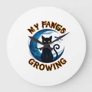 Fangs Growing Halloween Black Cat Blue Moon Bats_1 Large Clock