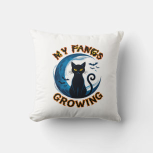 Fangs Growing Halloween Black Cat Blue Moon Bats_1 Throw Pillow
