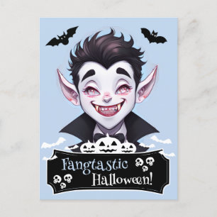 Fangtastic Halloween Smiling Vampire With Bats Postcard