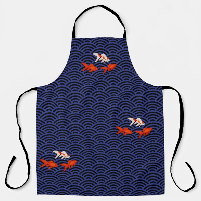 Fantail Goldfish on Seigaiha Wave Pattern Japanese Apron (Front)