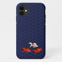 Fantail Goldfish on Seigaiha Wave Pattern Japanese