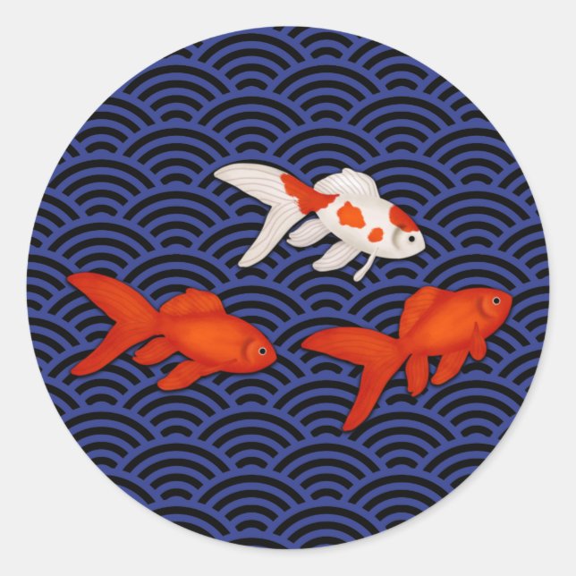Fantail Goldfish on Seigaiha Wave Pattern Japanese Classic Round Sticker (Front)