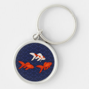 Fantail Goldfish on Seigaiha Wave Pattern Japanese Keychain