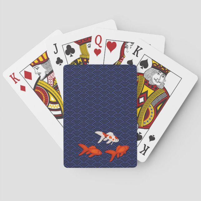 Fantail Goldfish on Seigaiha Wave Pattern Japanese Playing Cards (Back)