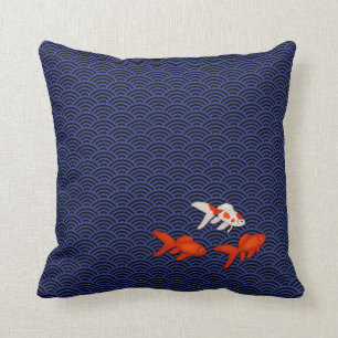 Fantail Goldfish on Seigaiha Wave Pattern Japanese Throw Pillow