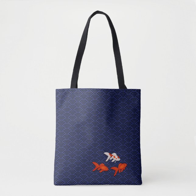 Fantail Goldfish on Seigaiha Wave Pattern Japanese Tote Bag (Front)